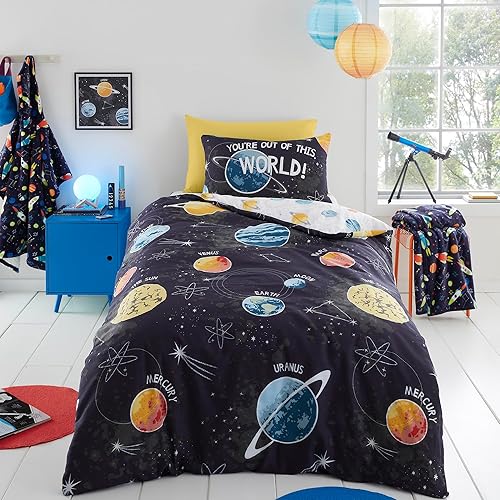 Bedlam - Housse de Couette Glow in The Dark Space - 200 x 140 cm - 1 taie d'oreiller - Réversible - Literie Galaxy & Planet - Housse de Couette Univers du système Solaire - Literie Space - Nail Gallerys