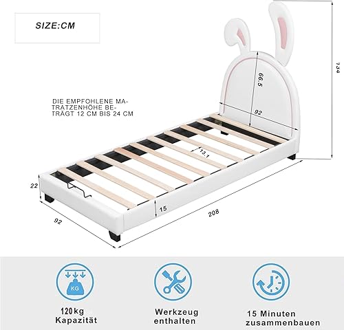 KOMHTOM Lit d'Enfant Simple Avec Tête de Lit, 90x200cm, Rembourré Avec Sommier à Lattes en Bois, Cadre de Plateforme (Sans Matelas) (Rose) - Nail Gallerys