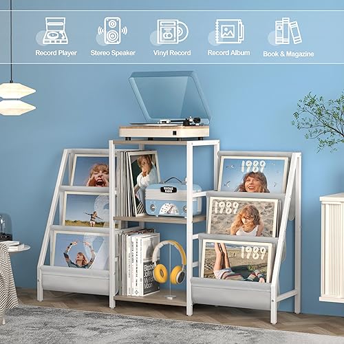 Bikoney Meuble Platine Vinyle avec Rangement – Support Tourne-Disque avec Étagère pour 300 Disques Vinyles, Console Multimédia avec Porte-CD pour Stéréo et Vinyle (Noir Vintage) - Nail Gallerys