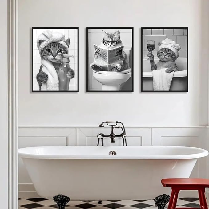 3 Affiche Chat Salle de Bain 30X40CM Poster Humour WC Tableau Decoration Murale Pour Toilette Toile Salle de Bain Affiche Animaux WC Noir et Blanc Poster Rigolo Toilette sans Cadre - Nail Gallerys