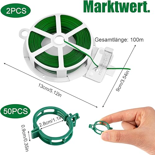 100M Fil de Serrage pour Jardin, 2 Rouleaux Fil Torsadé Avec Distributeur et Cutter, Fil de Liaison Fin avec 50PCS Clips pour Plantes Grimpantes, Arbustes, Fleurs, Vignes(Vert) - Nail Gallerys