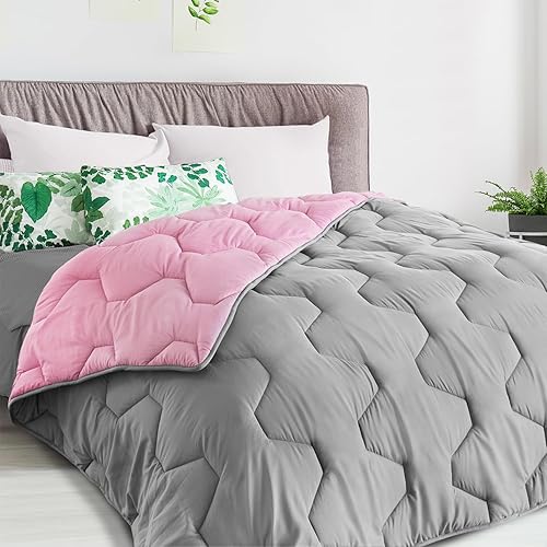IDMarket - Couette 220x240 CM Abby Bicolore Rose et Gris 300 GR - Nail Gallerys