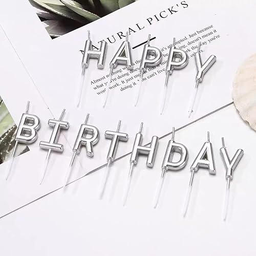 Happy Birthday Bougie,13 Pièces Joyeux Anniversaire Lettre Bougies Gâteau Bougies avec Supports Métallique Gâteau Cupcake Bougies pour Décorations De Gâteau D'anniversaire-Silver - Nail Gallerys