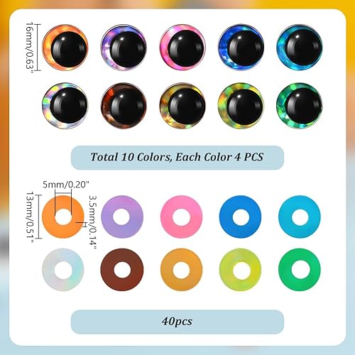 AHANDMAKER Lot de 40 yeux de sécurité en plastique - 16 mm - Yeux scintillants 3D - Avec rondelles - Pour bricoler, fabriquer des yeux en peluche - Accessoires - Pour la fabrication de poupées - Nail Gallerys