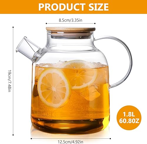 1,8 litre Théière en Verre avec Couvercle en Bambou, Filtre dans le bec Verseur Amovible, Lavable au Lave-Vaisselle, pour Boissons Chaudes et Froides - Nail Gallerys