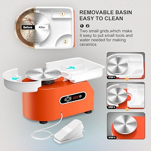 Ovshnrr 350W Tour de Poter Électrique, 25cm Machine Poterie avec écran LCD, Roue Potier Céramique 0-300 tr/min, Céramique Argile Trousse à Outils de Bricolage avec Bassin ABS Amovible - Nail Gallerys