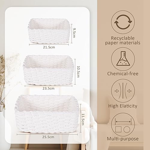Verdenu Set de 3 Panier Rangement, Paniers Et BoîTes de Rangement Osier en Corde à Papier TisséE Recyclable，Panier de Rangement Pour Dessus de Table, Commodes, Cuisines, Salons (Blanc) - Nail Gallerys