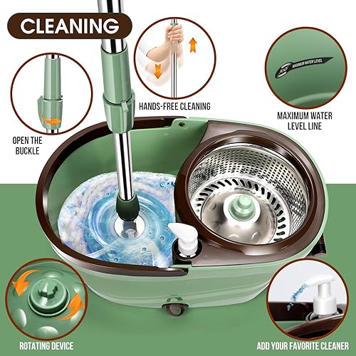 Myiosus Ensemble serpillère et seaux seau à pédale de 6 L avec 5 têtes de balai en microfibre et 5 chiffons de nettoyage poignée en acier inoxydable de 145 cm balai rotatif à 360° pour sols stratifiés - Nail Gallerys
