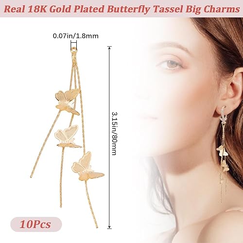 Beebeecraft 1 boîte 10 pièces Chaîne Pompon Breloque Boucle D'Oreille Plaquée Or 18 carats Longues Chaînes avec Pendentifs Papillon Breloques pour la Fabrication - Nail Gallerys