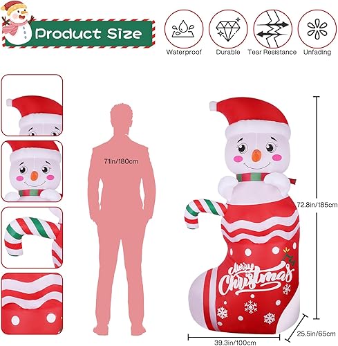 Bilivry Décoration de Noël Gonflable 185cm: Bonhomme de Neige Gonflable Illuminé sur Chaussettes de Noël avec Lumières Intégrées - Décoration de Noël Gonflable Extérieur pour Pelouse, Cour et Jardin - Nail Gallerys