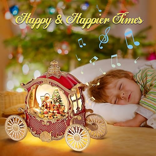 Boule à Neige de Noël en Forme de Carrosse - 8 Musiques, Minuterie, Alimentation Piles/USB - Scintillante pour Décoration de Table - Cadeau Père Noël - Nail Gallerys