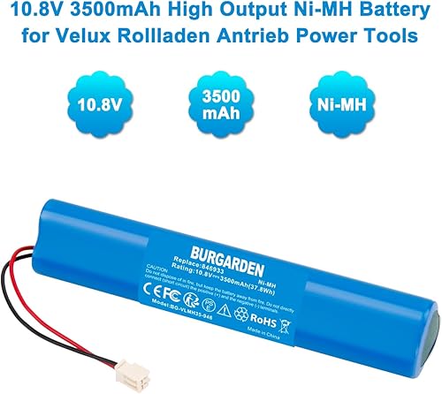 BURGARDEN 10.8V 3500mAh Batterie NI-MH Compatible avec Velux Volet Roulant, Volet Roulant Solaire, Batterie de Rechange avec Câble et Fiche pour 846933, 946930, 946933, PA000568 - Nail Gallerys