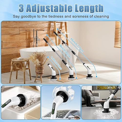 Brosse Electrique Nettoyage, Rechargeable USB Brosse Nettoyage Electrique sans Fil avec Tige TéLescopique et 7 têtes de Brosse Interchangeables pour Cuisine, Voiture, Carrelage, Mur, Sol, Douche - Nail Gallerys