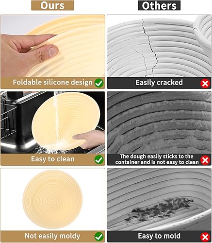 LEAZZLE Paniers à pain en silicone,Ensemble de Paniers Fermentation,paniers cuisson et pliables de 23 cm et 26 cm,fouet à pâte,Kit Boulangerie,Fouet danois,Raclettes à Pâte et Pinceau Badigeonner - Nail Gallerys