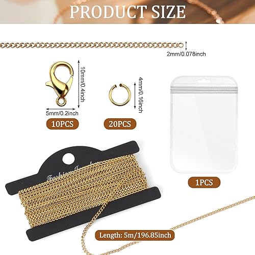 5m Chaînes Doré, 2x3mm Chaîne en Acier Inoxydable pour Création Bijoux Avec 10 Fermoirs à Homard et 20 Anneaux Saut Kit Fabrication Bijouxs pour DIY Fabrication, Breloques, Artisanat - Nail Gallerys