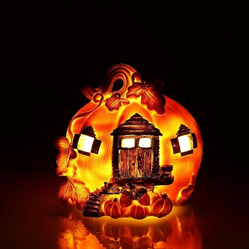 com-four® Maison Citrouille en Plastique - Maison avec éclairage LED et minuterie - Décoration de pièce élégante - Maison Lumineuse pour l'automne et Halloween (Citrouille Petite) - Nail Gallerys