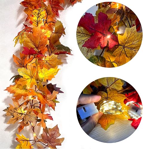 OEMG 2 Guirlandes de Feuilles d'érable Artificielles de 360 cm avec 2 Guirlande Lumineuse et 4 Crochets,Guirlande Feuille Automne Lumineuse,Guirlande Feuilles Artificielles Automne pour Thanksgiving - Nail Gallerys