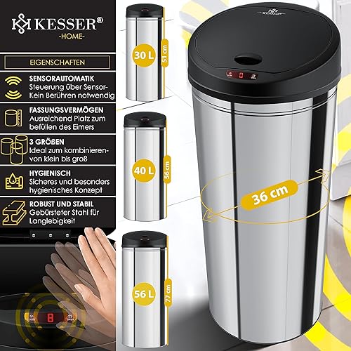 KESSER® Poubelle avec capteur Automatique Poubelle Déchets en Acier Inoxydable Corbeille à Papier, Argent - 40 Litres - Nail Gallerys