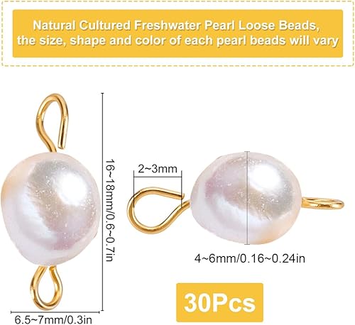 SUNNYCLUE 1 boîte 30pcs Perles de Perles D'Eau Douce Naturelles Liens Connecteurs Perles de Perles Blanches Baroques avec 304 épingles à Œil en Acier Inoxydable pour Femmes Collier Bracelet Boucle D'O - Nail Gallerys