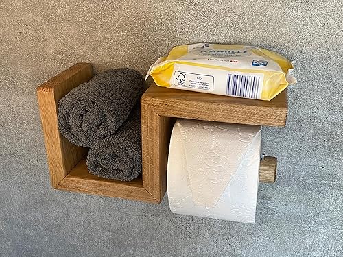 Porte-papier toilette en bois avec étagère - Porte-rouleau de papier toilette en chêne massif - Fabriqué à la main en Allemagne - Montage sans perçage - Nail Gallerys