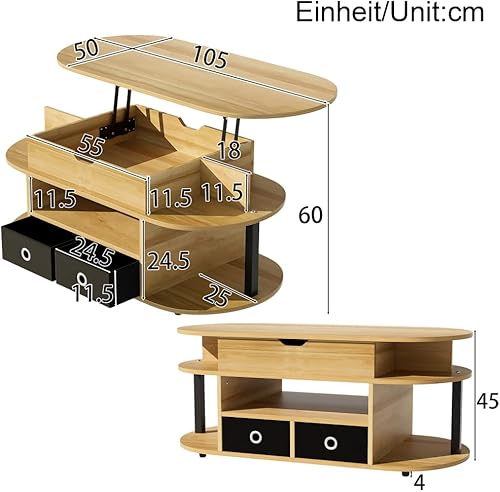 Zepneiy Table Basse Moderne en Grain de Bois avec Fonction relevable, Espace de Rangement et tiroirs en Tissu Noir – Polyvalente, élégante et Pratique pour Le Salon et Le Bureau - Nail Gallerys