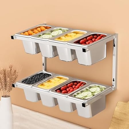 Station de garniture de pizza – Récipients à condiments en acier inoxydable avec couvercles et louches, étagère à épices murale pour assaisonner la sauce et la salade - Nail Gallerys