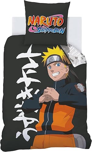 Naruto Uzumaki Parure de lit imprimée 140x200 | 100% Coton | Oeko-Tex | Housse de Couette 140x200cm+Taie d'oreiller 63x63cm | Imprimé Garçon | Gris foncé - Nail Gallerys