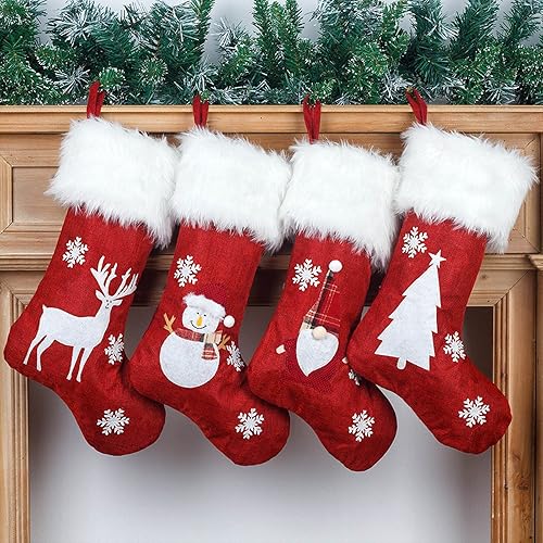 DCQRY Lot de 4 chaussettes de Noël avec lumière LED - 47 cm - Bonhomme de neige, renne, gnome, sapin de Noël, cheminée à suspendre pour décoration de fête de vacances - Nail Gallerys