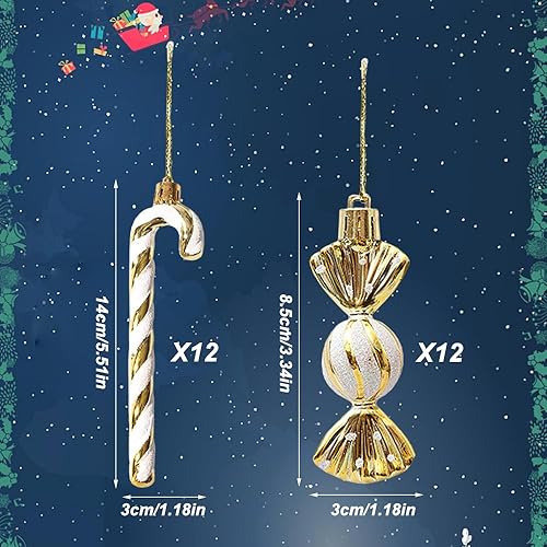Rongxze 12 Pièces Cannes de Bonbons de Noël, Canne à Sucre d'Orge avec Décoration de Boules à Paillettes, Ornements d'Arbre avec Cordes pour Fête (Or) - Nail Gallerys
