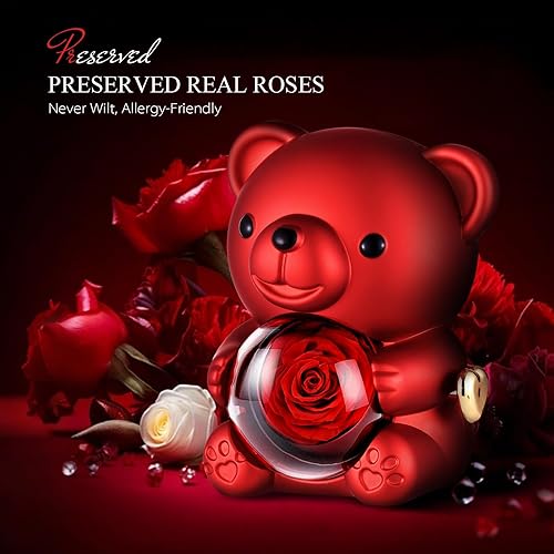 GOICC Rose Eternelle Ours Fête des Mères Idee Cadeau Original avec Collier pour Maman Femmes Rose Préservée Vraie Fleur avec Écharpes pour Petite Amie Épouse pour Saint Valentin Anniversaire Noël - Nail Gallerys