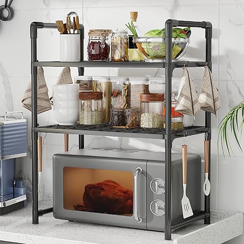 Dreuhuing Étagère extensible à 2/3 niveaux pour four à micro-ondes, support de four à micro-ondes avec crochets, support d'étagère de comptoir de cuisine, support de rangement pour four à micro-ondes, - Nail Gallerys