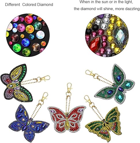 Soleebee 5D DIY Diamant Plein Peinture Porte-clés Strass Peinture Broderie Porte-clés Double Face Pendentif Artisanat Strass Peinture Complète Kits Bijoux Cadeau (5pcs Papillon) - Nail Gallerys
