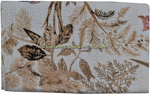 Kantha Couvre-lit indien fait à la main King Size unique Art Boho Couverture en pur coton imprimé hibou Blanc 228 x 274 cm - Nail Gallerys