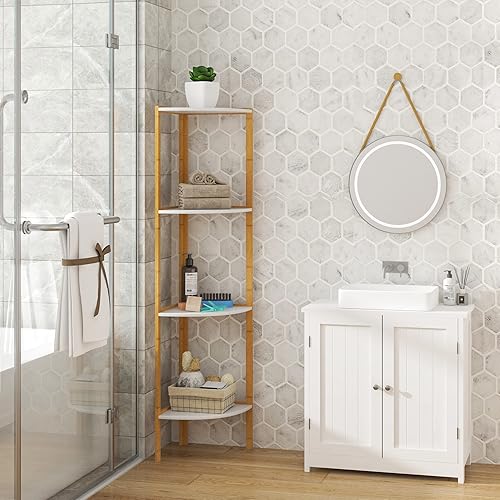 WOLTU Etagère d'angle étagère de Rangement pour Salle de Bain en Bambou et MDF Etagère de Cuisine à 4 Niveaux, 30x30x115cm RGB9357ws2 - Nail Gallerys