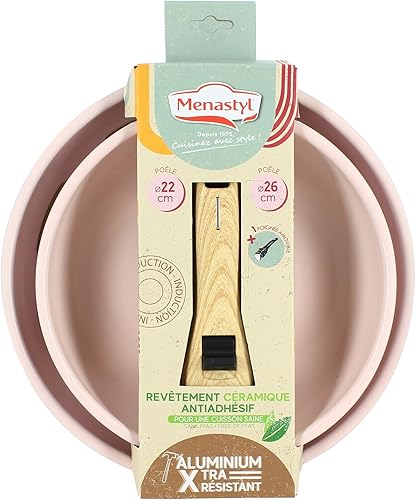 MENASTYL - Lot de 2 poêles amovibles revêtement antiadhésif céramique sans PFAS/PTFE - 2 poêles 22/26cm et 1 poignée - Tous feux dont induction – Alu recyclé Rose - 6020633 - Nail Gallerys
