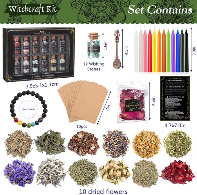 MAISITOO Fournitures Et Outils De Kit De Sorcellerie,Candle Magiques Colorées Pierre Naturelles Pièces de Cristal,Fleur Séchée Utilisé pour la prière,le mantra,la magie,la sorcellerie - Nail Gallerys