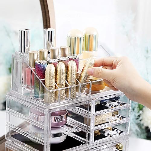 SONGMICS Organisateur de Maquillage XXL, 4 en 1, 11 Tiroirs et 15 Compartiments de différentes Tailles, Coussins antidérapant, Transparent JKA017TP - Nail Gallerys