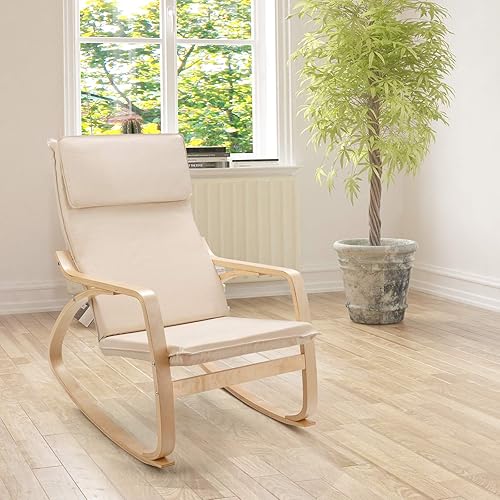 COSTWAY Fauteuil de Salon à Bascule, Chaise d'Appoint à Bascule avec Appui-Tête, Chaise Berçante Rembourrée d’Allaitement, Fauteuil de Relaxation pour Balcon, Chambre, Charge 150 KG (Beige) - Nail Gallerys