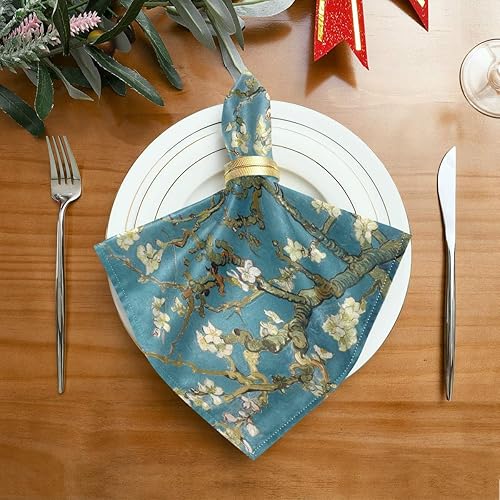 Kcldeci Van Gogh Lot de 6 serviettes de table en lin Motif fleurs d'amandier Bleu - Nail Gallerys