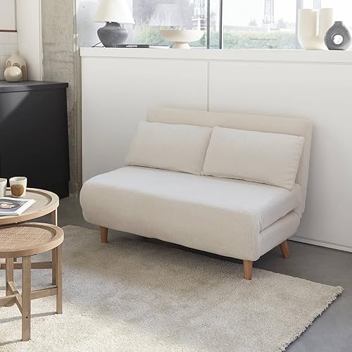 Alice's Home - Canapé Convertible en Tissu bouclettes Blanches- Guesta - 2 Places scandinave. Pieds Bois foncé. Banquette. Dossier inclinable - Nail Gallerys