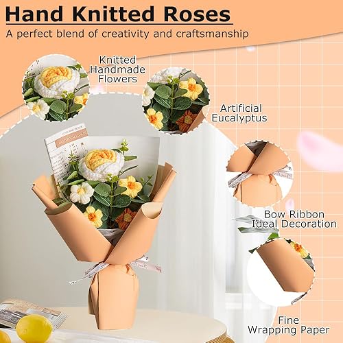 KBIBCK Bouquet de fleurs tricotées à la main avec lumières LED, roses artificielles faites à la main pour mamans, bouquet de fleurs, cadeau pour mariage, remise de diplôme, fête des mères (jaune) - Nail Gallerys