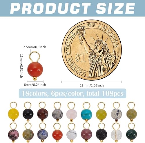 PH PandaHall 108pcs 18 Couleurs Pendentif en Pierre Précieuse, 6 mm Charmes de Perles de Pierre Perles Rondes Lisses avec Boucles Dorée Breloque pour Bracelet Boucle D'oreille, Collier, Bijoux - Nail Gallerys