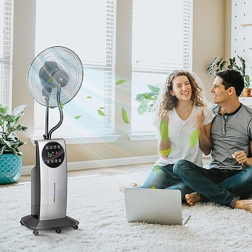 HOMCOM Ventilateur brumisateur sur roulettes 90 W télécommande - minuterie 3 modes 3 vitesses oscillant silencieux 40 x 38 x 135 cm gris noir - Nail Gallerys