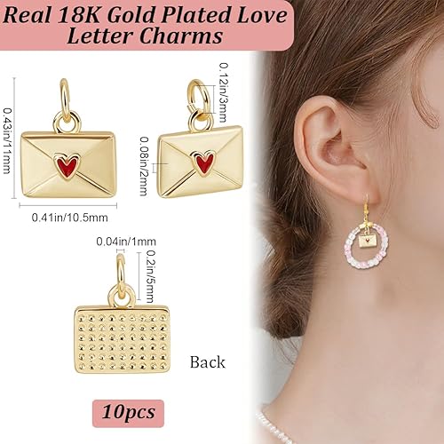Beebeecraft 1 boîte de 10 breloques D'Enveloppe avec Breloques D'Enveloppe en Forme de Cœur Rouge en Émail Lettre D'Amour Anneau de Saut Pendant Plaqué Or 18 carats pour la Fabrication de Bijoux et - Nail Gallerys