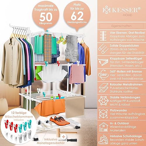 KESSER® Tour de séchage avec Roues - Séchoir à Linge Compact pour l'intérieur et l'extérieur - 4 étages, 2 Ailes latérales pivotantes et 6 Niveaux Pliables - Séchoir à Linge sur Pied Pliable. - Nail Gallerys