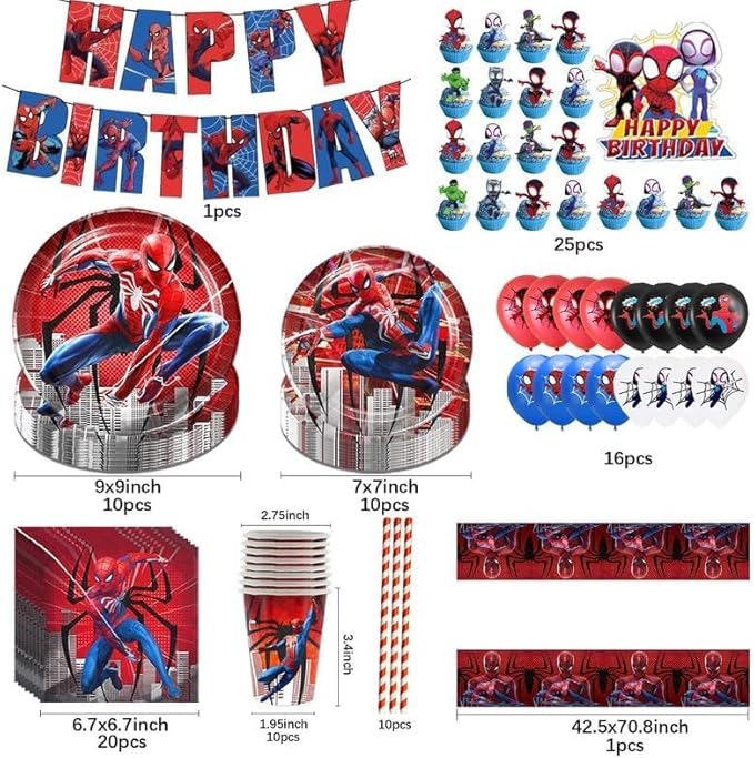 Spider Anniversaire Vaisselle 103 Pcs,Vaisselle de Fête Spider,Enfants Anniversaire Décoration,Ballons,Assiettes,Tasses,Nappe,Serviettes,Décoration de Gâteau,pour Enfants Fêtes Fournitures,10 Invités - Nail Gallerys