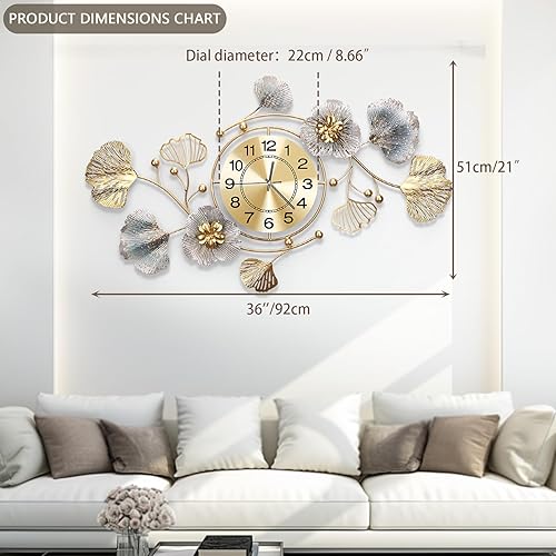 Blissio 2025 Grande horloge murale, horloge murale, design silencieux, design de feuilles Ginkgo en métal rétro, pour salon et cuisine, décoration murale (bleu rétro - arabe, 120 cm) - Nail Gallerys