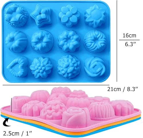 3 pièces Moules à Gâteaux en Silicone, 12 cavités Fondant Moule Formes de Fleurs Antiadhésif Casseroles de Cuisine Bacs à Glaçons pour Faire Bonbons Chocolat Muffin Petit Gâteau - Rose, Bleu, Orange - Nail Gallerys