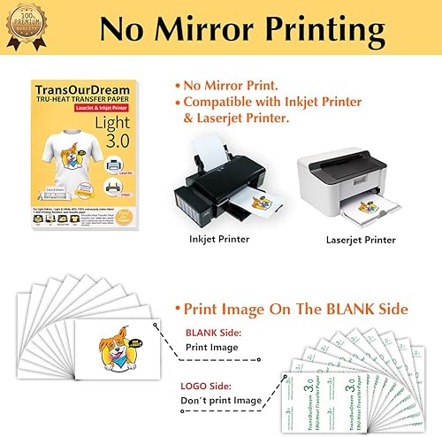 TransOurDream Tru-T TOD-03-20 Lot de 20 feuilles de papier transfert thermocollant A4 pour imprimante à jet d'encre et laser, vinyle de transfert thermique HTV imprimable pour tissus blancs et légers, - Nail Gallerys