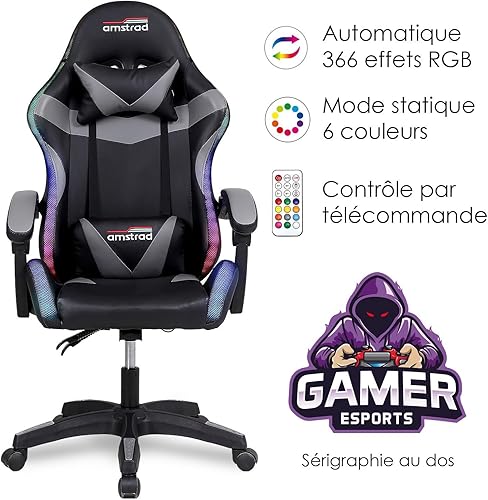 Amstrad AMS-900-LED-GAMER - Fauteuil Gaming Noir et Gris - Serigraphie Gamer - Eclairage LED 366 Effets - Télécommande - Nail Gallerys